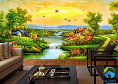 Tranh gạch 3D phòng khách- gạch tranh phong cảnh đồng quê