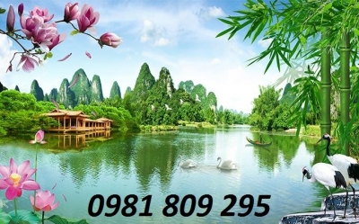 tranh gạch 3d hồ nước chim hạc