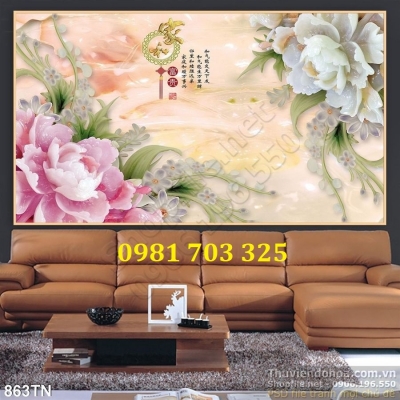 Tranh gạch hoa mẫu đơn sứ ngọc dán tường