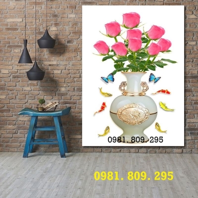 Gạch tranh khổ dọc 3d bình hoa HQ9491