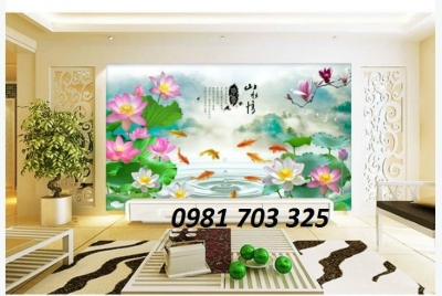 Tranh gạch hoa sen cá chép đẹp