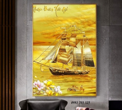 tranh gạch thuận buồm xuôi gió- tranh thuyền vàng