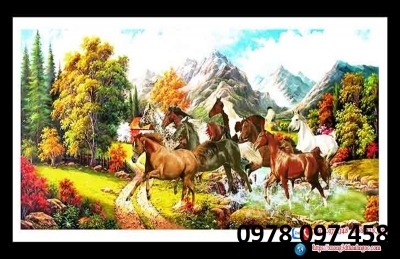 Gạch tranh dán tường họa tiết 8 chú ngựa