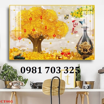 Tranh kim tiền phong thủy, gạch men 3D ốp phòng khách