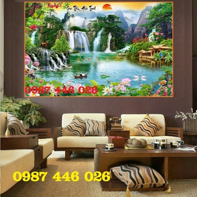 Tranh gạch men thác nước, tranh 3d ốp tường HP9723