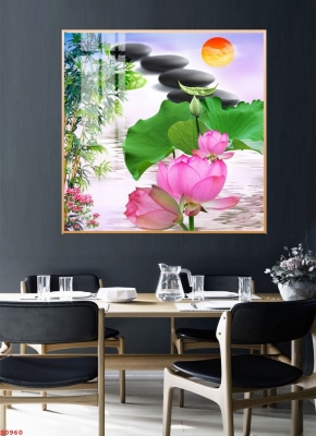 TRanh hoa sen phong thủy, gạch 3D ốp tường