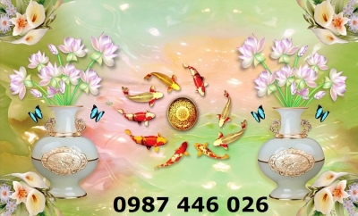 Tranh gạch cá chép vàng hoa sen 3d HP9373