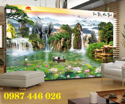 Gạch tranh thác nước, tranh ốp tường đẹp phòng khách HP827