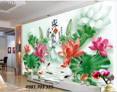 Tranh gạch 3D phòng khách- gạch tranh hoa sen ốp tường phòng khách
