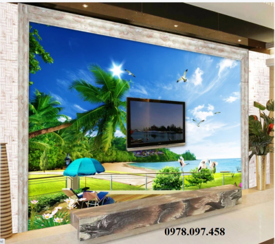 tranh gạch men ốp tường trang trí phòng khách mẫu phong cảnh biển