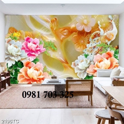 Tranh gạch men phong thủy hoa mẫu đơn,chim công