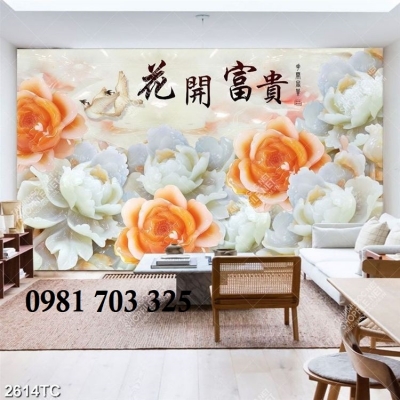 Tranh gạch hoa mẫu đơn sứ ngọc dán tường