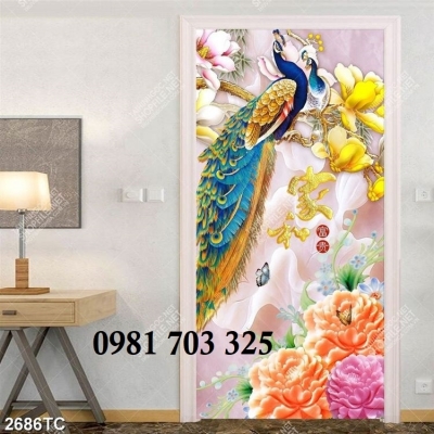 Tranh gạch men chim công ốp tường đứng