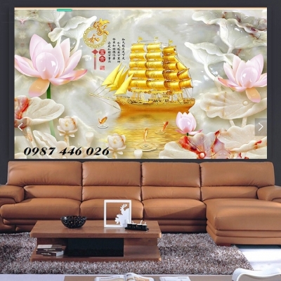 Gạch tranh thuyền buồm vàng, tranh 3d, gạch ốp tường HP9772