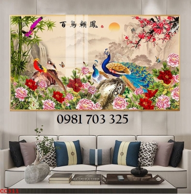 Tranh gạch phong thủy chim công hoa mẫu đơn
