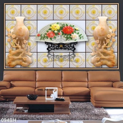 Tranh gạch 3D phòng khách- tranh gạch 3D bình hoa cổ