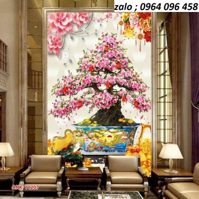 Tranh hoa đào 3d - tranh gạch 3d hoa đào ốp tường phòng khách - 8766X