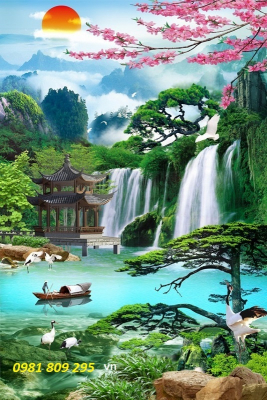 Gạch tranh 3d phong cảnh hồ sen thác nước