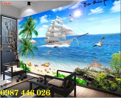 Gạch ốp tường tranh thuyền buồm phòng khách 3d