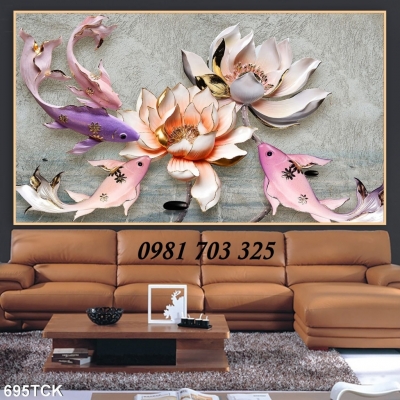 Tranh phong thủy hoa sen cá chép, tranh gạch