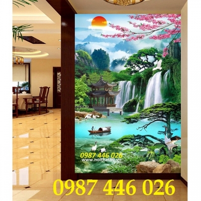 Tranh gạch men thác nước phong cảnh khổ đứng HP8722