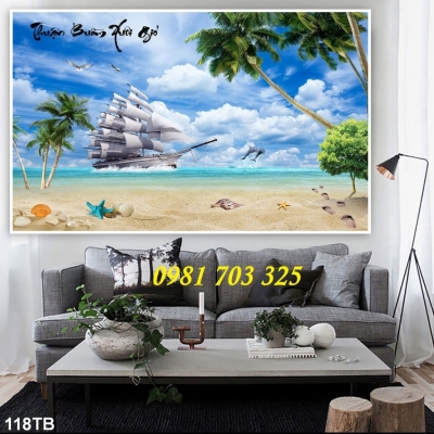Tranh thuyền buồm phong thủy, gạch men 3D