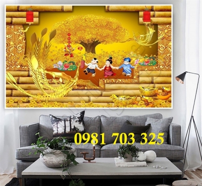 Tranh kim tiền phong thủy, gạch men 3D ốp phòng khách