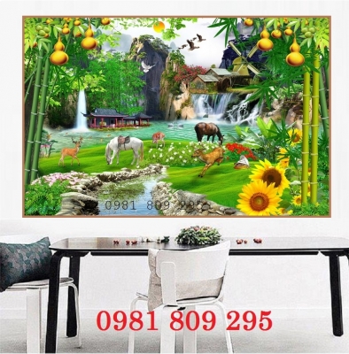 Tranh gạch ốp tường ngôi nhà cảnh xanh mát