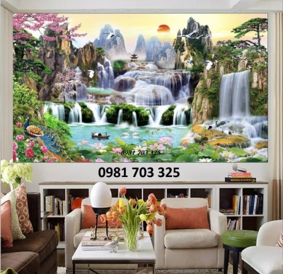 Gạch tranh 3D phong cảnh thác nước thiên nhiên đẹp