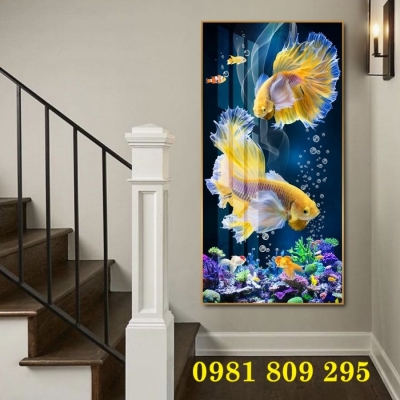 Tranh gạch men cá khổ dọc 3d