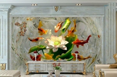 Tranh cá chép trong đầm hoa sen - gạch men
