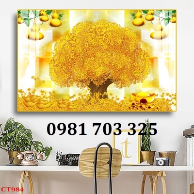 Tranh kim tiền phong thủy, gạch men 3D ốp phòng khách