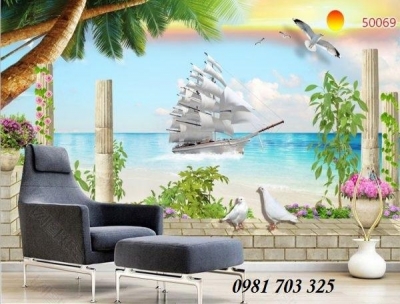 Gạch tranh đẹp thuyền buồm 3d