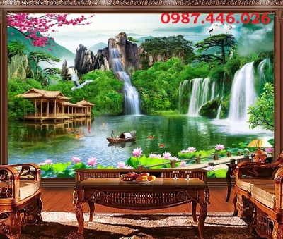 Gạch 3d tranh ốp tường phong cảnh thác nước HP7332