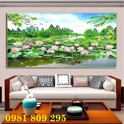 Tranh 3d hoa sen , gạch tranh phòng khách