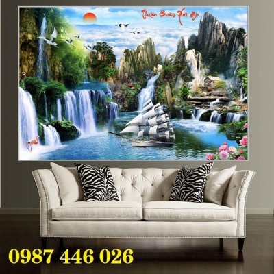 Gạch ốp tường tranh thuyền buồm phòng khách 3d