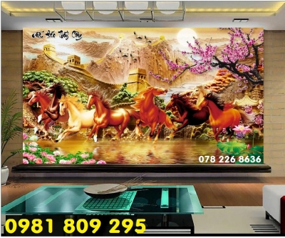 Gạch 3d bát mã - tranh gạch 3d ngựa phong thủy