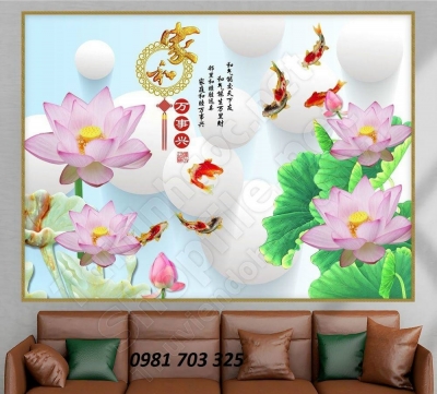 Tranh gạch hoa sen cá chép đẹp