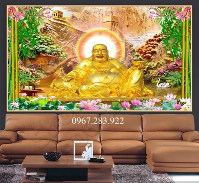 Gạch tranh phong thuỷ kim tiền Phật Di Lặc 3d
