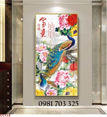 Tranh gạch men chim công ốp tường đứng