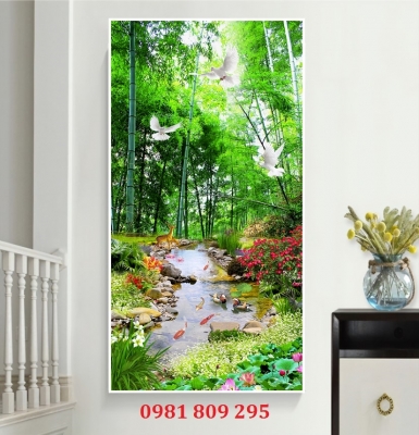 Tranh gạch khổ dọc 3d thác nước