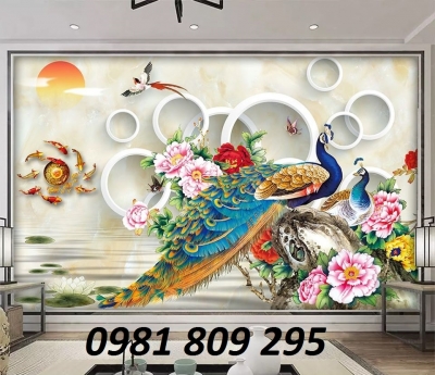 gạch tranh 3d chim công ốp tường phòng khách