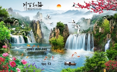 tranh gạch 3d phong thủy núi nước