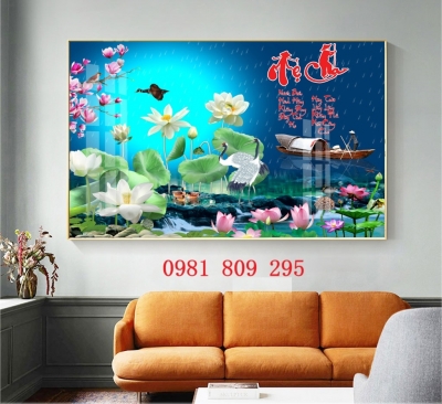 Tranh hoa sen trống đồng, gạch tranh tường 3d HL9009