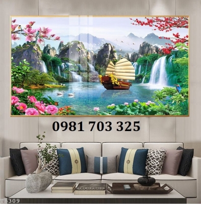 Gạch men 3D thuyền buồm dán tường phòng khách
