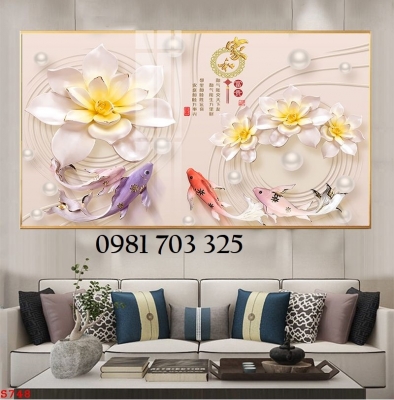 Tranh phong thủy hoa sen cá chép, tranh gạch