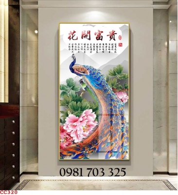 Tranh gạch men chim công ốp tường đứng