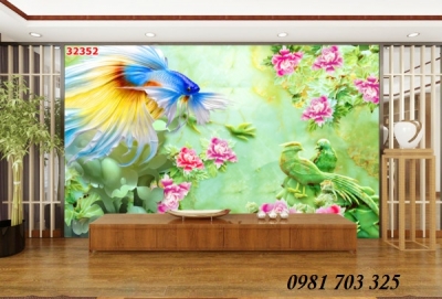 Tranh gạch đẹp 3D cá chép ốp tường