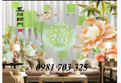 tranh 3D hoa mẫu đơn, tranh gạch ốp tường