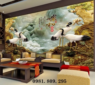 Tranh 3d chim hạc, gạch ốp tường 3d